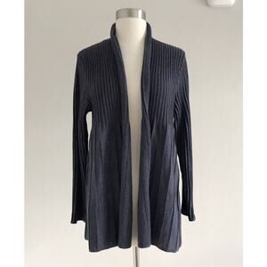 Eileen Fisher Open Front Cardigan Wool Ribbed Pleated Charcoal Womens Large